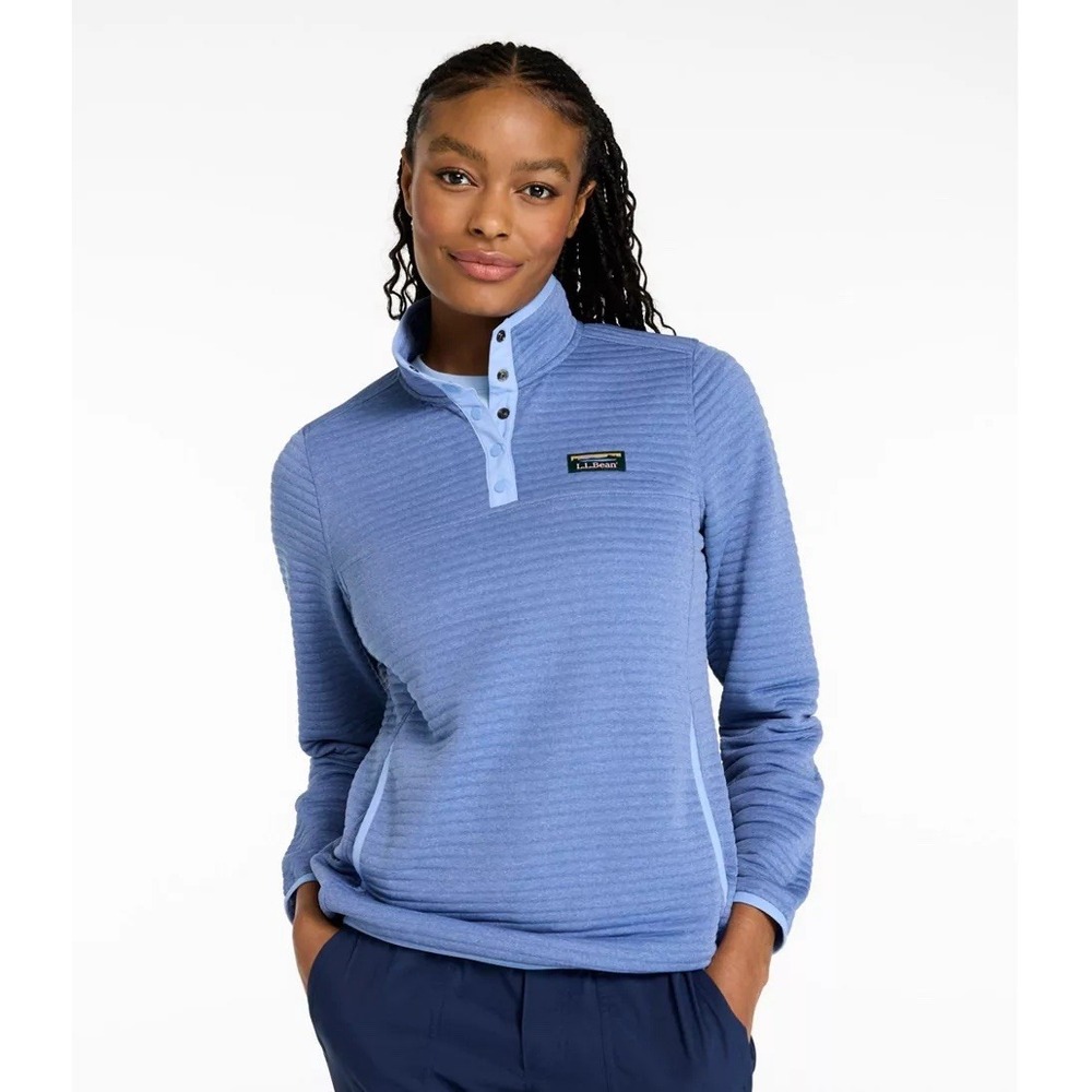 LL Bean Womens M Airlight Knit Pullover Quarter Snap Blue Quilted Outdoor Logo